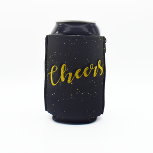 Black confetti ZipSip with gold cheer text on a black can