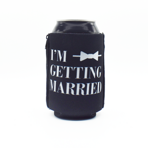 Black ZipSip with "I'm getting married" text with bow tie on black can