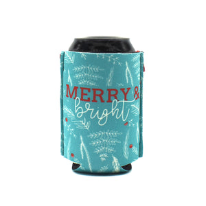 Blue ZipSip with Christmas foliage with Merry and bright on a black can