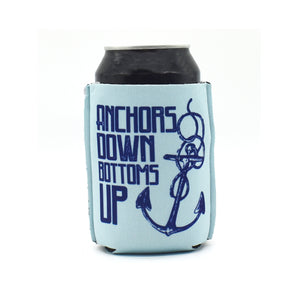 Light blue ZipSip with Anchors Down Bottoms up in dark blue on a black can