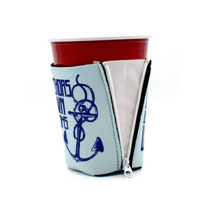 Light blue ZipSip with Anchors Down Bottoms up in dark blue on a solo cup