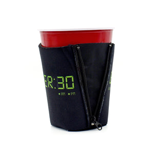 Black ZipSip with Green Beer:30 digital clock on solo cup