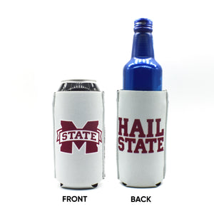 Mississippi State University gray and Hail State BigSip and ZipSip on tall black can and bottle