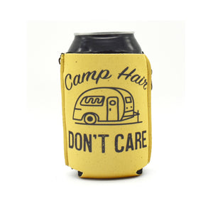 Yellow ZipSip with Camp hair don't care text and camper on a black can