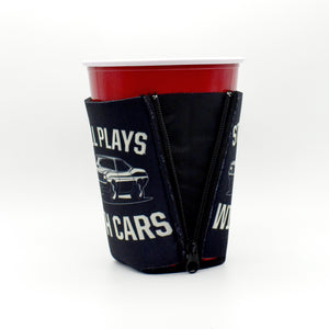 Black ZipSip with "Still Plays With Cars" on red solo cup