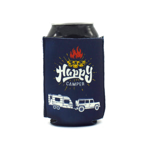 Blue Zip Sip with campfire, truck with trailer, and Happy camper text on a black can