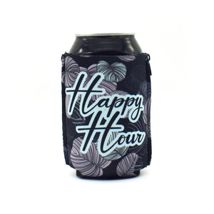 Black and light blue palm leave ZipSip with Happy Hour text on a black can