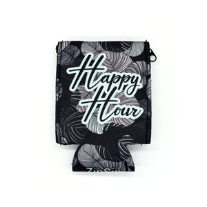 Black and light blue palm leave ZipSip with Happy Hour text