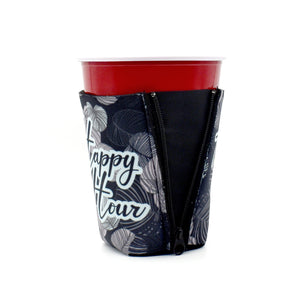 Black and light blue palm leave ZipSip with Happy Hour text on a solo cup