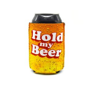 Beer background ZipSip with hold my beer text on a black can