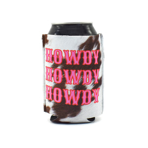 Cowhide ZipSip with Pink Howdy western font on a black can