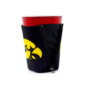 University of Iowa Black ZipSip drink sleeve on red solo cup