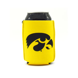 University of Iowa Yellow ZipSip drink sleeve on aluminum soda pop can