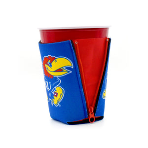 University of Kansas KU Blue ZipSip drink sleeve on red solo cup