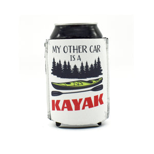 White ZipSip with tree line, kayak, and my other car is a kayak text on a black can