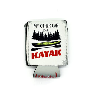 White ZipSip with tree line, kayak, and my other car is a kayak text