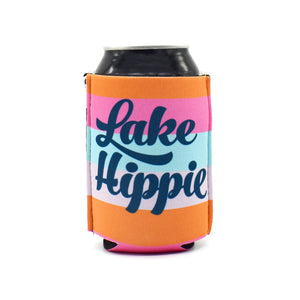 Pastel striped ZipSip with blue Lake Hippie text on a black can