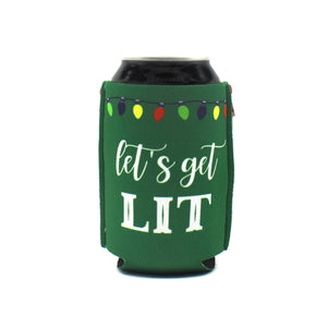 Green ZipSip with Lets Get Lit and Christmas lights on a black can