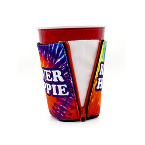River Hippie Tie Dye ZipSip drink sleeve on red solo cup