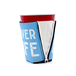 River Life Blue ZipSip drink sleeve on red solo cup