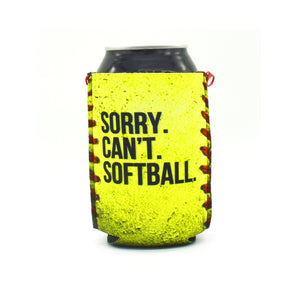 Sorry Cant Softball ZipSip drink sleeve on aluminum soda pop can