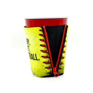 Sorry Cant Softball ZipSip drink sleeve on red solo cup