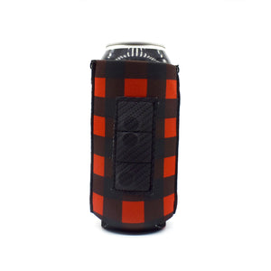 red buffalo plaid magnet BigSip with campfire and Let's get toasted text on a tall boy