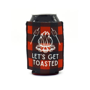 red buffalo plaid ZipSip with campfire and Let's get toasted text on a black can