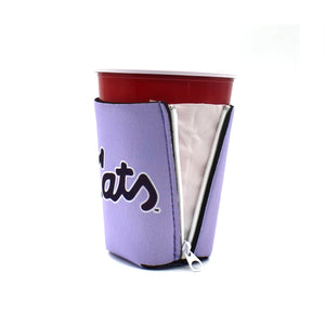 K-State Lavender ZipSip drink sleeve on red solo cup