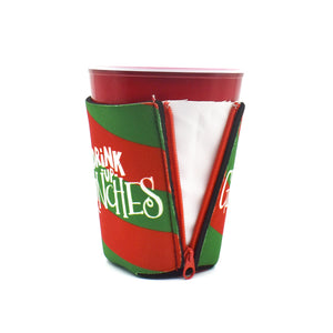 Drink Up Grinches ZipSip drink sleeve on red solo cup