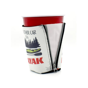 White ZipSip with tree line, kayak, and my other car is a kayak text on a solo cup