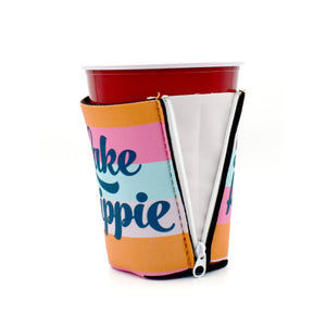 Pastel striped ZipSip with blue Lake Hippie text on a solo cup