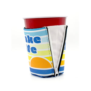 Striped sunset ZipSip with Lake life in blue text on solo cup