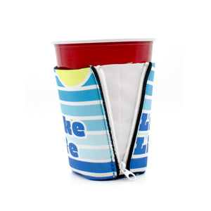 Blue stripe sunrise ZipSip with blue Lake Life text on a solo cup