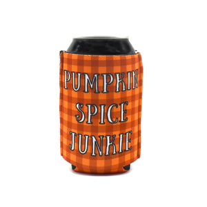 Orange Plaid ZipSip with Pumpkin Spice Junkie text on a black can