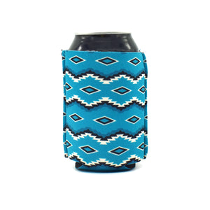Western Pattern Teal Aztec ZipSip drink sleeve on aluminum soda pop can