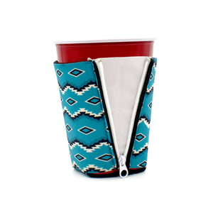 Western Pattern Teal Aztec ZipSip drink sleeve on red solo cup