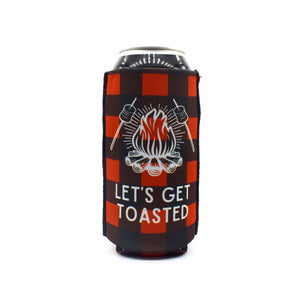 red buffalo plaid BigSip with campfire and Let's get toasted text on a tall boy