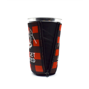 red buffalo plaid BigSip with campfire and Let's get toasted text on a aluminum cup