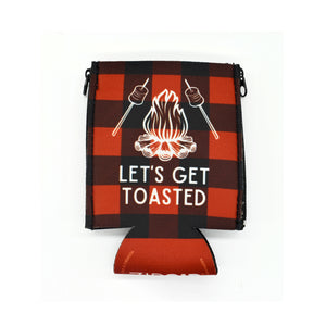 red buffalo plaid ZipSip with campfire and Let's get toasted text 